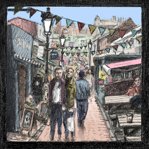 ‘North Laine’ is part of the ‘Brighton Icons’ collection. A series of limited edition art prints numbered 1 to 75 signed by the artist Malcolm Trollope-Davis and produced as an A3 giclee print. North Laine has a happening, bohemian vibe with vegetarian cafes, vintage clothing stores, and jewellery stalls centred on busy Kensington Gardens pedestrian road. 