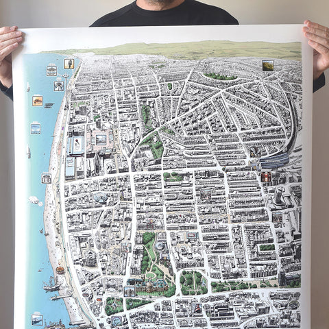 Hand drawn illustrated Brighton Map art print signed by artist Malcolm Trollope-Davis. It makes a perfect gift for anyone who loves Brighton and Hove.