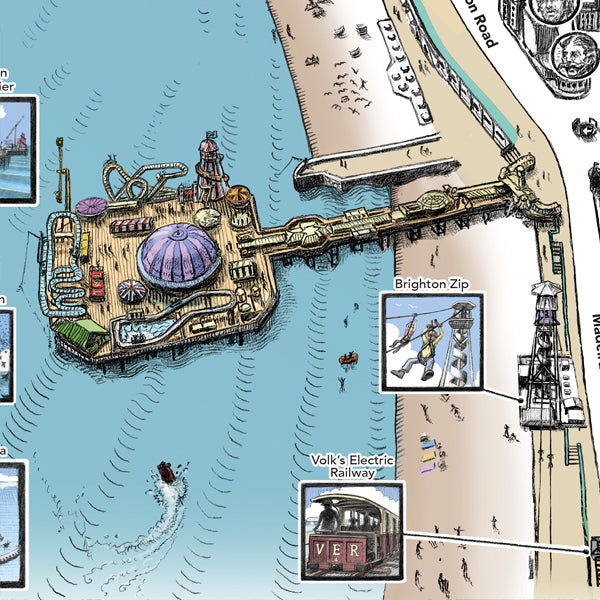 Detail of Brighton Palace Pier on the hand-drawn Brighton map