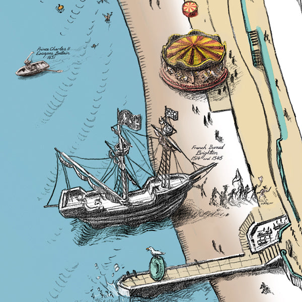 istoric pirate ship at the seafront on the hand-drawn Brighton map