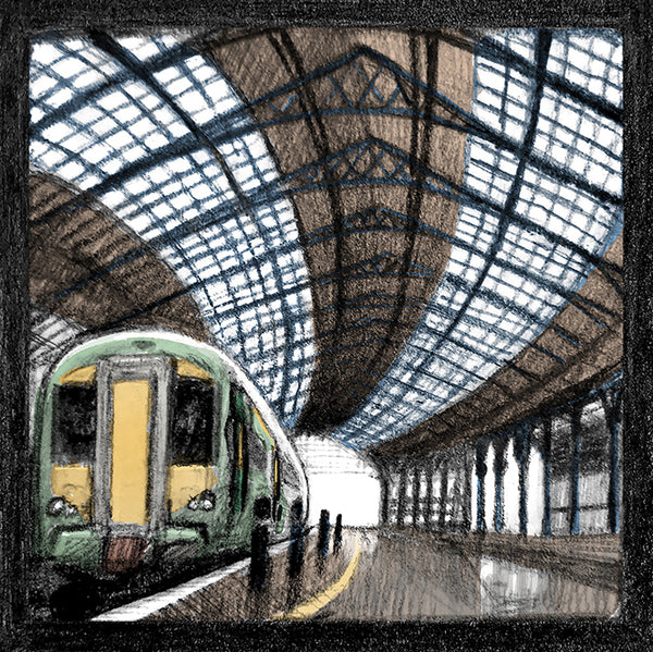 Close-up of Malcolm Trollope-Davis's hand-drawn Brighton Station illustration