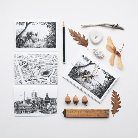 This set of greeting cards features three of the original pencil drawings; 'Lewes Map', 'Lewes Town Montage' and 'Lewes Castle' by Malcolm Trollope Davis.