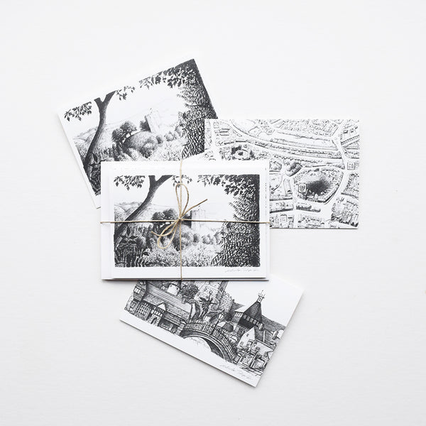 This set of greeting cards features three of the original pencil drawings; 'Lewes Map', 'Lewes Town Montage' and 'Lewes Castle' by Malcolm Trollope Davis.