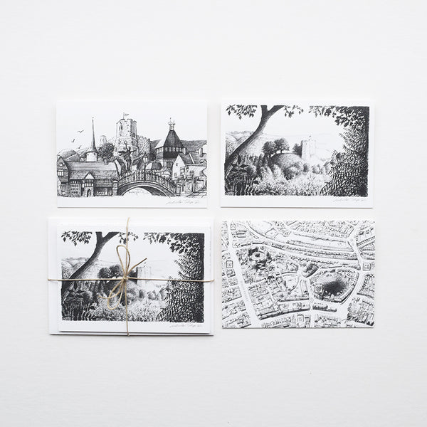 This set of greeting cards features three of the original pencil drawings; 'Lewes Map', 'Lewes Town Montage' and 'Lewes Castle' by Malcolm Trollope Davis.