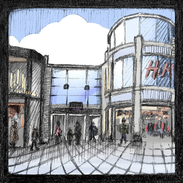 Close-up of Malcolm Trollope-Davis's hand-drawn Churchill Square Brighton illustration