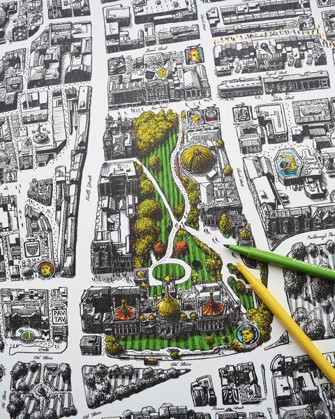 COLOUR IN BRIGHTON!  A beautiful A1 colouring poster for kids and adults featuring a section of our manuscript style Brighton Map, hand drawn by Sussex artist Malcolm Trollope-Davis.