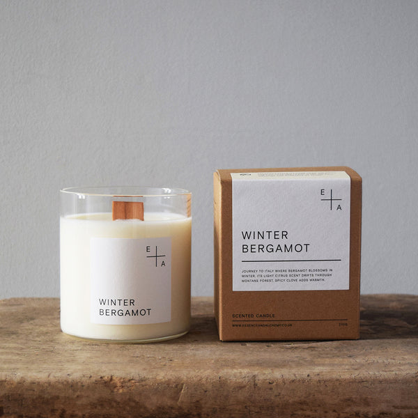 Winter Bergamot, a botanical aromatherapy candle by Essence and Alchemy, 100% natural, sustainable and eco-friendly. Candles are hand-poured in a British made re-usable mouth-blown glass beaker with a wooden wick. 