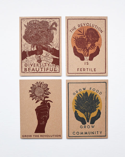 A beautiful set of postcards featuring mini prints hand carved from original linocut and woodcut prints by Rosanna Morris. The postcard designs include 'Diversity', 'Sunflower', 'The Revolution is Fertile' and 'Grow Food Grow Community'. 