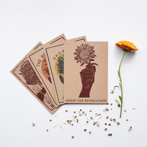 A beautiful set of postcards featuring mini prints hand carved from original linocut and woodcut prints by Rosanna Morris. The postcard designs include 'Diversity', 'Sunflower', 'The Revolution is Fertile' and 'Grow Food Grow Community'. 