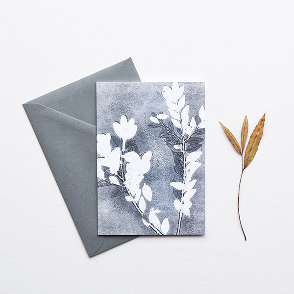 ‘Midnight Garden III’ by heraldBLACK is a greeting card featuring one of the original monoprints from the 'Midnight Garden' range. 