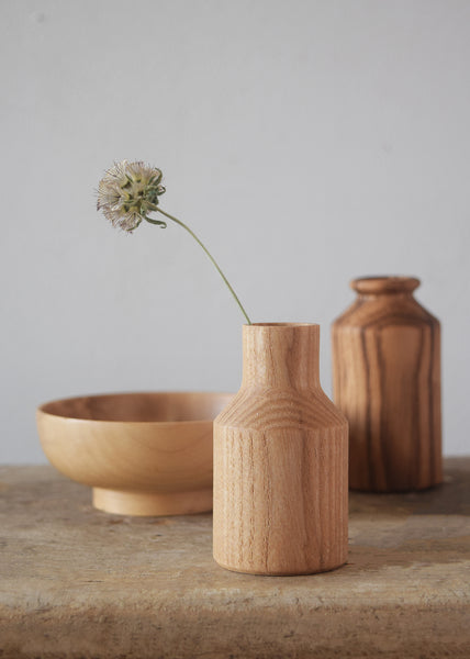 Handcrafted wooden mini vases and bowl in different British timbers by Selwyn House