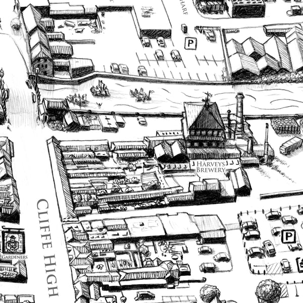 This is a Lewes Map limited edition print hand drawn by Malcolm Trollope-Davis.