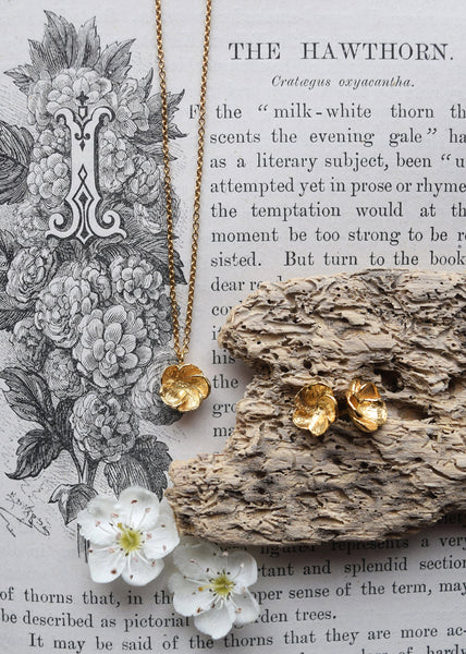 Hawthorn Blossom gold necklace and earrings with hawthorn flowers and vintage botanical illustration