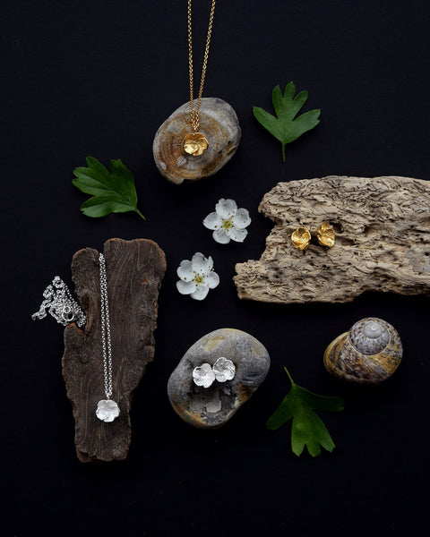 Hawthorn Blossom gold and silver jewellery with flowers, leaves, wood and natural textures