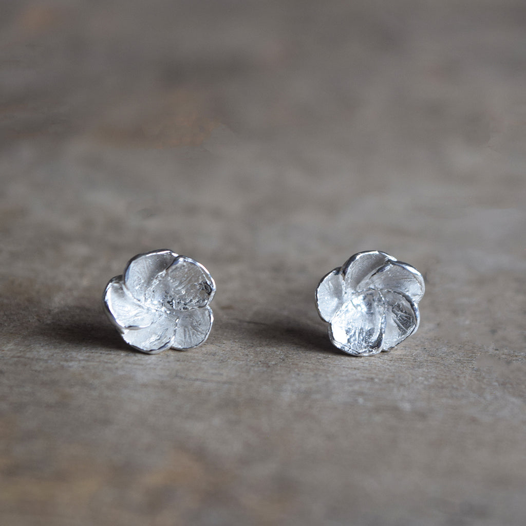 Handmade sterling silver Hawthorn Blossom stud earrings by Alice Stewart Jewellery