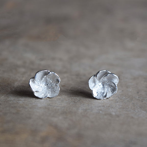 Handmade sterling silver Hawthorn Blossom stud earrings by Alice Stewart Jewellery