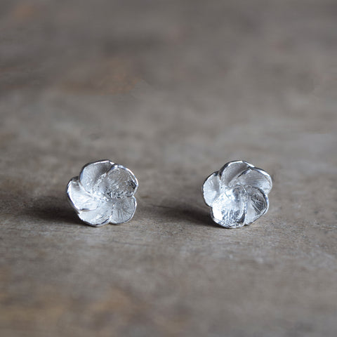 Handmade sterling silver Hawthorn Blossom stud earrings by Alice Stewart Jewellery