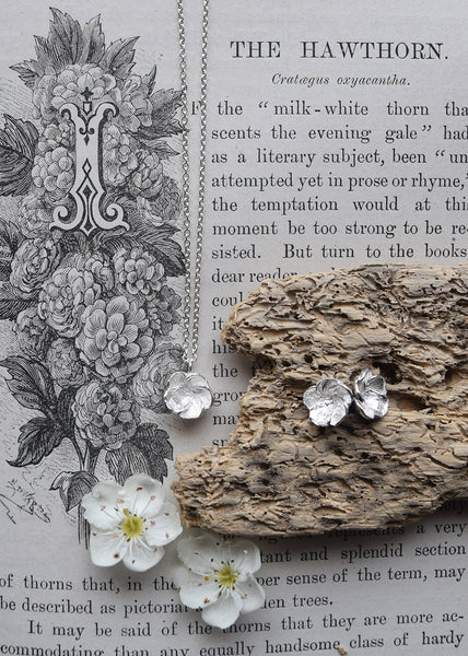 Hawthorn Blossom silver stud earrings with hawthorn flowers and vintage botanical illustration