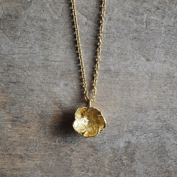 Beautiful handmade Hawthorn Blossom pendant necklace in gold vermeil by Alice Stewart Jewellery. Consciously handcrafted from ethically sourced materials in gold-plated solid sterling silver. 