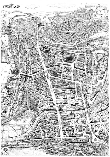 This is a Lewes Map limited edition art print hand-drawn by artist Malcolm Trollope-Davis.
