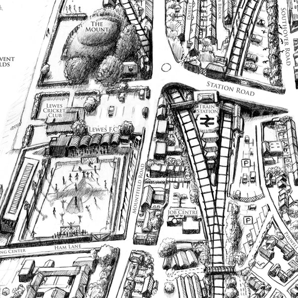 This is a Lewes Map limited edition print hand drawn by Malcolm Trollope-Davis.