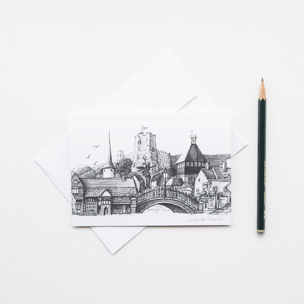 'Lewes Town Montage' is a greeting card featuring one of the original pencil drawings by Malcolm Trollope Davis.