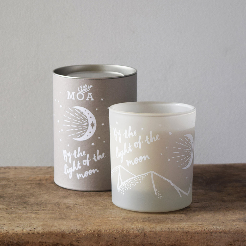 Hand poured candle with plant based natural waxes and pure essential oils by MOA - Magic Organic Apothecary - An illuminating hand poured Moonlight Candle to add some hygge to the dark evenings as you bathe ‘By the light of the moon’ in its gentle light.