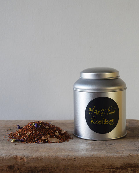 Marzipan Rooibos hand blended loose leaf tea herbal infusion - Snuggle up with a cup of this wonderfully warming herbal rooibos blend, suffused with the rich and indulgent flavour of marzipan. All ingredients are ethically sourced and fairly traded.