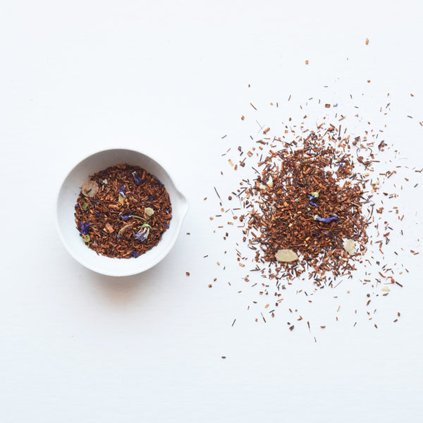Marzipan Rooibos hand blended loose leaf tea herbal infusion - Snuggle up with a cup of this wonderfully warming herbal rooibos blend, suffused with the rich and indulgent flavour of marzipan. All ingredients are ethically sourced and fairly traded. 