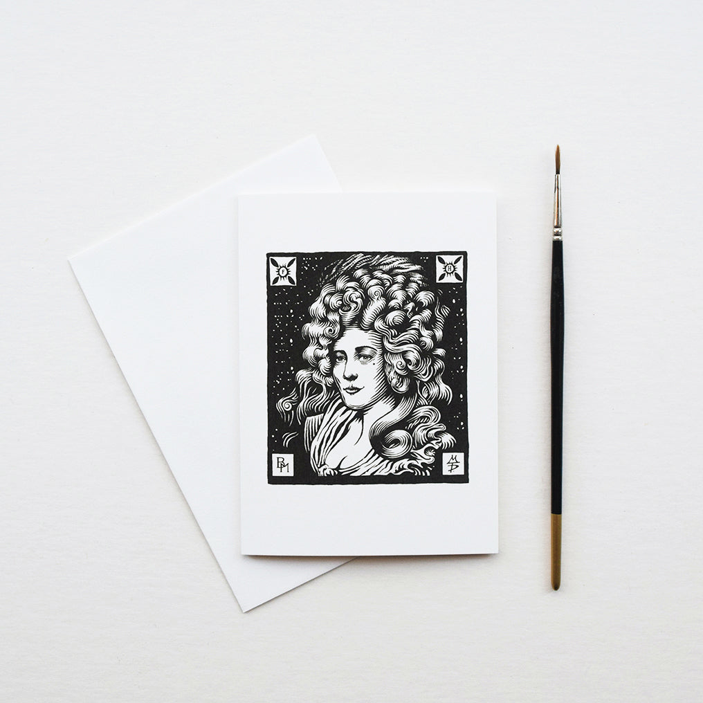 A beautiful greeting card of Mrs Fitzherbert, a character hand drawn in a traditional woodcut style of illustration by Malcolm Trollope-Davis inspired from an icon image from his recently completed Brighton Map. Printed on thick card in Sussex, England, each A6 comes with an envelope.
