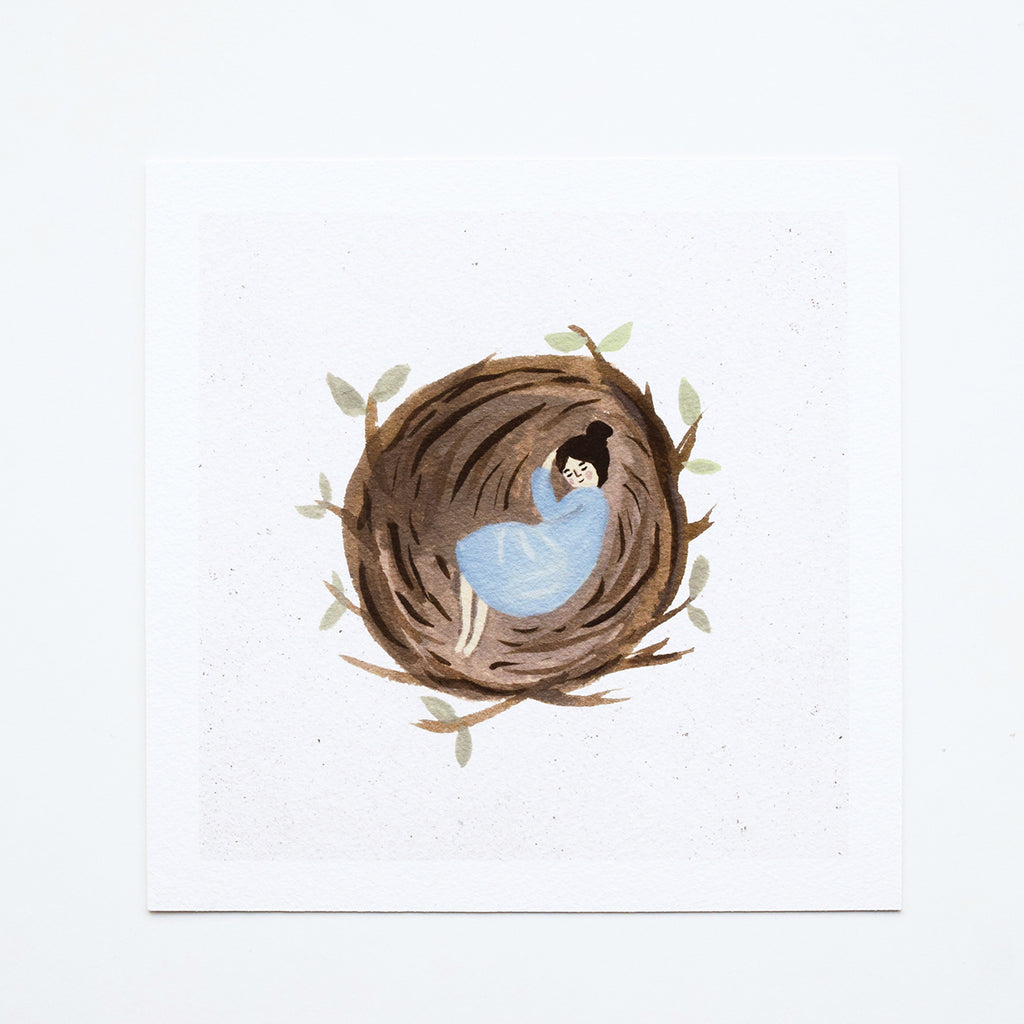 ‘Asleep in a Nest’ by Gemma Koomen is a high quality Giclee print featuring one of her beautiful illustrations painted in gouache and ink.