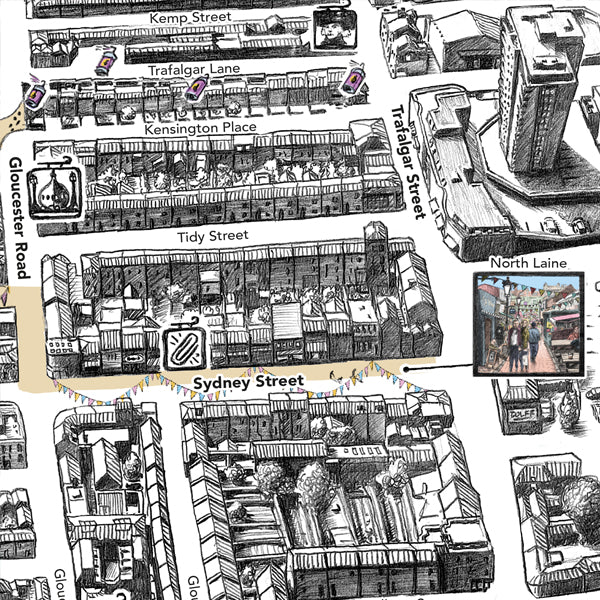 Brighton North Laine - Hand drawn illustrated Brighton Map art print signed by artist Malcolm Trollope-Davis. It makes a perfect gift for anyone who loves Brighton and Hove.