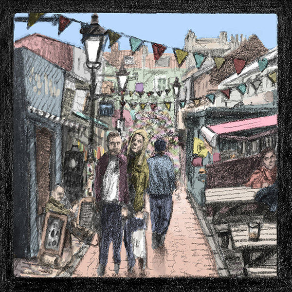 Close-up of Malcolm Trollope-Davis's hand-drawn North Laine Brighton illustration