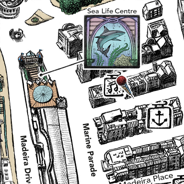 Brighton Sea Life Centre - Hand drawn illustrated Brighton Map art print signed by artist Malcolm Trollope-Davis. It makes a perfect gift for anyone who loves Brighton and Hove.