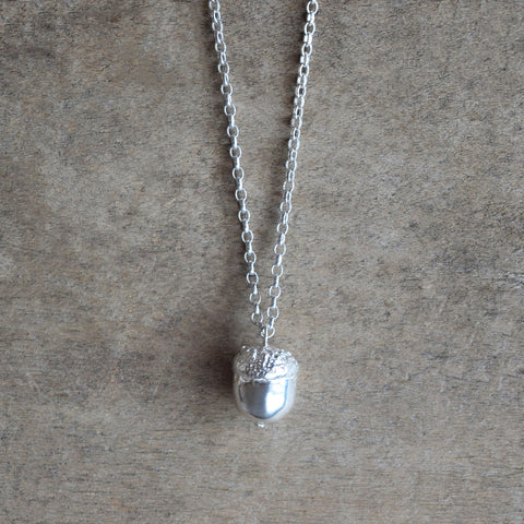 Silver acorn necklace by Alice Stewart Jewellery, handcrafted from solid sterling silver with an adjustable chain