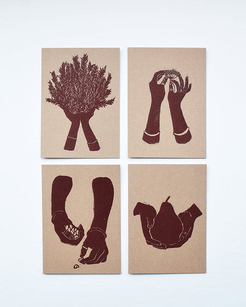 A beautiful set of postcards featuring mini prints hand carved from original linocut and woodcut prints by Rosanna Morris. The postcard designs include 'Planting Seeds', 'Rosemary' and 'Pear'. 