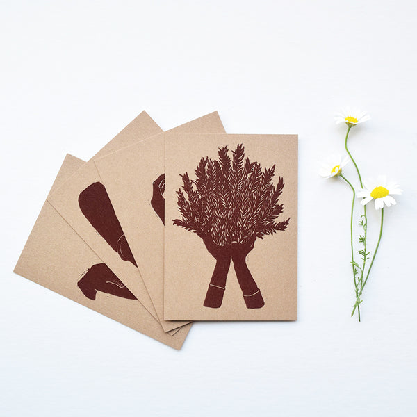 A beautiful set of postcards featuring mini prints hand carved from original linocut and woodcut prints by Rosanna Morris. The postcard designs include 'Planting Seeds', 'Rosemary' and 'Pear'.  
