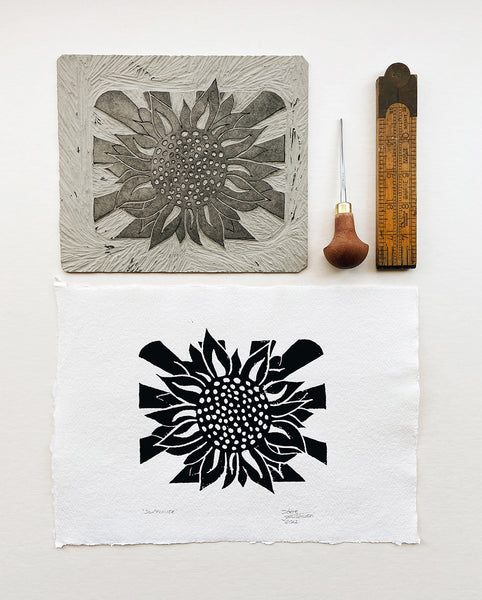 'Sunflower' Charity Art Print - A original linocut handcrafted and hand printed by artist Dorte Januszewski. All profits from each art print will be donated to the Disasters Emergency Committee, Ukraine Humanitarian Appeal.