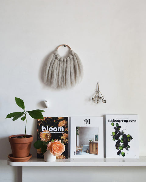 Beautiful summer issues of independent magazines including Bloom, 91 Magazine and Rakesprogress. Styled with avocado plant, rose in bud vase and wall hanger made from wool.
