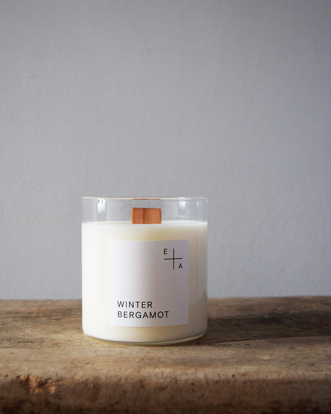Winter Bergamot, a botanical aromatherapy candle by Essence and Alchemy, 100% natural, sustainable and eco-friendly. Candles are hand-poured in a British made re-usable mouth-blown glass beaker with a wooden wick. 