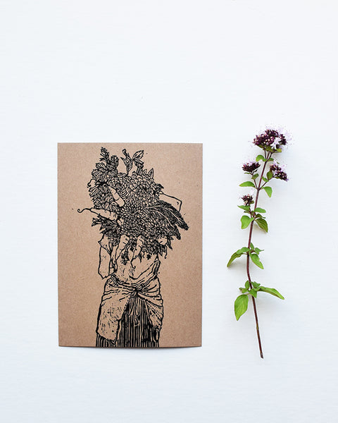 A beautiful set of postcards featuring mini prints hand carved from original linocut and woodcut prints by Rosanna Morris. The postcard designs include 'Boots', 'Flower Harvest', 'Mary' and 'Wheelbarrow'. 