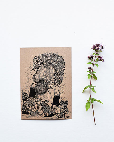 A beautiful set of postcards featuring mini prints hand carved from original linocut and woodcut prints by Rosanna Morris. The postcard designs include 'Boots', 'Flower Harvest', 'Mary' and 'Wheelbarrow'. 