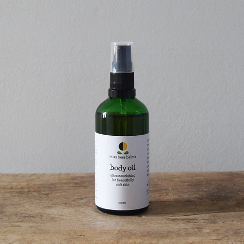 The organic Body Face Oil by miss bees balms - A restorative and rejuvenating, ultra nourishing body moisturiser formulated to help maintain beautifully soft and conditioned skin.