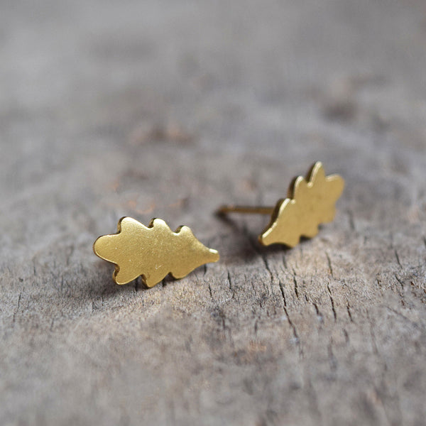 Beautiful gold vermeil oak leaf stud earrings, designed and handcrafted in a studio in Lewes by Phoebe Jewellery.