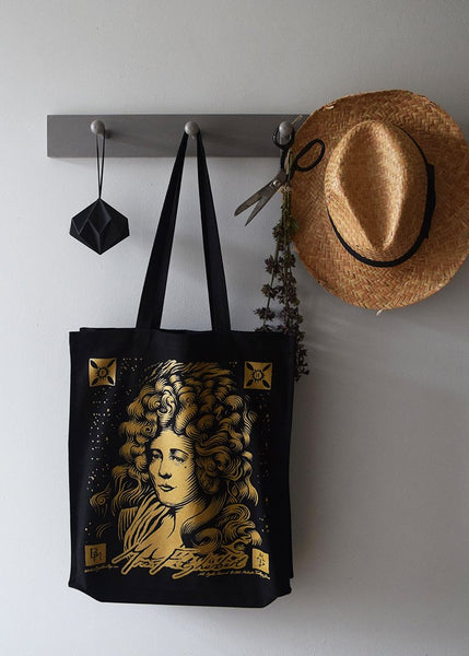Large Canvas Tote Bag in Black with a Gold Screen Print of Mrs Fitzherbert.